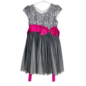 Jona Michelle Silver Sparkly Dress with Pink Bow Size 6